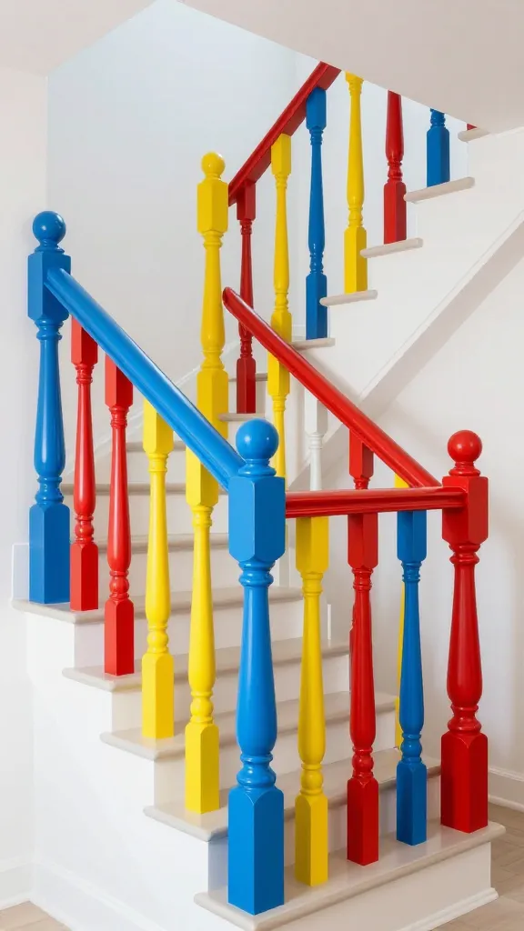 A high-quality, realistic photograph of a vibrant and playful modern staircase railing in a brightly lit, contemporary home. The main subject is the staircase railing, which embodies a bold, pop art aesthetic. Its balusters are dynamically color-blocked, featuring distinct sections painted in bright, contrasting primary colors, specifically electric blue, sunshine yellow, and fire engine red. These vivid hues create an energetic, unconventional, and artful display, making the railing a focal point. The surrounding interior walls are a clean, crisp white, ensuring the colorful railing dramatically pops and stands out. The overall scene is a celebration of color and modern design, designed to evoke a smile. No text.