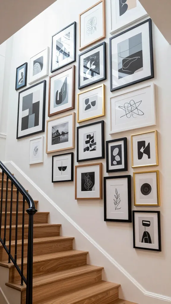 A wide-angle, high-resolution photograph capturing an elegant, modern entryway featuring a grand U-shaped staircase with warm wooden treads and a sleek black metal railing. The expansive staircase wall is adorned with a meticulously curated gallery wall, intentionally arranged in an ascending pattern to guide the eye upwards. This sophisticated collection showcases a diverse array of frames in varying sizes and orientations (portrait, landscape, square), crafted from matte black, crisp white, natural light wood, and brushed gold metallic finishes. The art within includes abstract minimalist prints, striking black and white photography, and delicate line drawings, predominantly matted with clean white or off-white. A select few pieces subtly incorporate a dusty blue accent through their mats or frames, providing a cohesive pop of color. The entire composition feels intentional and harmonious, creating a grand visual statement. Bright, natural light streams in, illuminating the artwork and highlighting the textures and details of the frames. Realistic, high-quality photograph, no text.