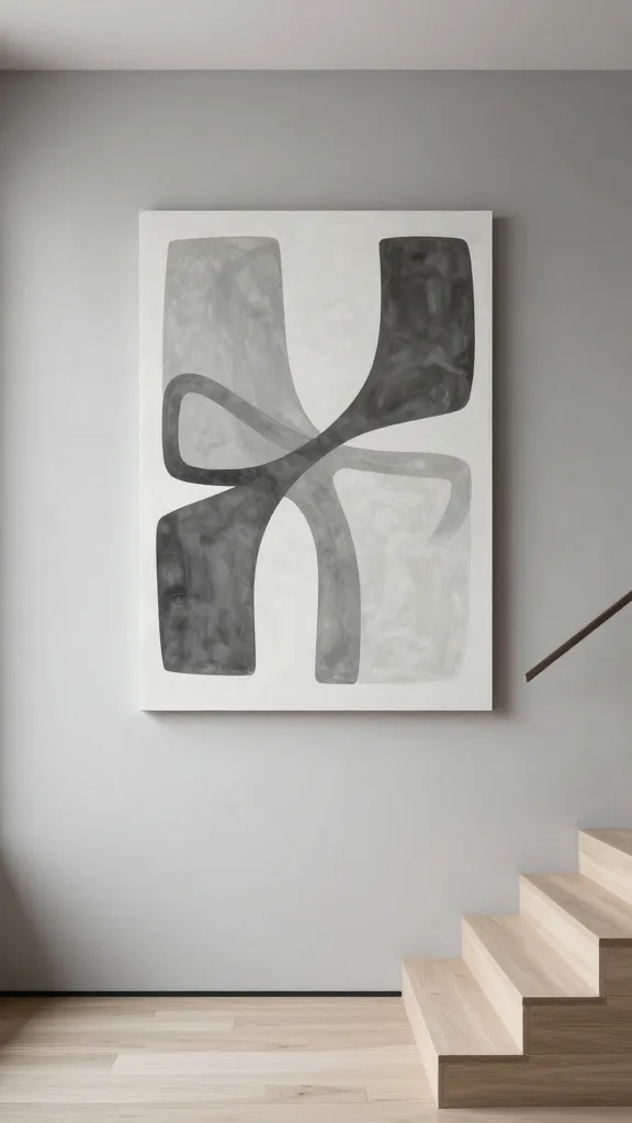 A high-resolution, ultra-realistic photograph capturing a modern and serene minimalist staircase wall in a luxury home. The expansive wall is treated with a subtle, light grey textured plaster finish, exuding understated elegance. Dominating the space is a single, very large abstract art piece featuring bold, organic shapes in varying shades of charcoal grey and crisp white, serving as the sole focal point. The adjacent staircase features clean, contemporary lines with floating light wood treads and a barely visible minimalist handrail. Soft, diffused natural light bathes the scene, enhancing the wall's texture and the artwork's depth, creating an atmosphere of calm sophistication. The composition is a wide shot from the bottom of the stairs, looking up, emphasizing the grand scale of the wall and the art. The image is devoid of any text or distracting elements, focusing purely on form, texture, and monochrome beauty.