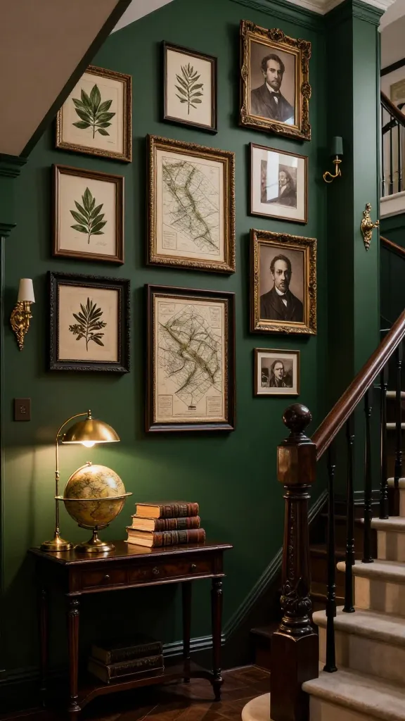 A dramatic, moody, and sophisticated staircase wall in a grand entryway, embodying a Dark Academia aesthetic. The wall is painted a deep, saturated forest green, serving as a backdrop for a meticulously curated gallery wall. This gallery features an artful arrangement of framed vintage botanical prints, antique maps, and sepia-toned academic portraits, all housed in ornate antique gold and dark wood frames of varying sizes. A sturdy, dark polished wood banister with intricate carvings ascends alongside the wall, casting subtle shadows. At the base of the stairs, a heavy, dark wood console table is adorned with a brass globe, a stack of worn leather-bound books, and an antique brass desk lamp casting a warm, inviting glow. Ornate brass wall sconces are strategically placed to highlight the artwork and add ambient light. The scene is captured in a high-resolution, professional interior design photograph, with soft, atmospheric lighting emphasizing the rich textures and intellectual charm.