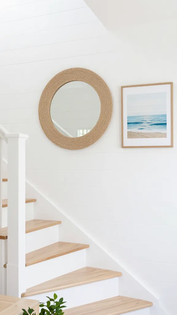 A high-quality, realistic photograph capturing a bright and airy coastal-inspired staircase wall. The wall features crisp white shiplap paneling, bathed in abundant natural light. Centered prominently is a large, round jute mirror, its textured frame adding organic warmth. Beside it, a minimalist framed artwork displays a serene abstract ocean pattern in soft blues and sandy tones. The light-colored wooden stairs ascend gracefully, complementing the tranquil, refreshing atmosphere. A small, light-toned console table sits at the base of the wall, subtly adorned with a simple green potted plant. No text on image.