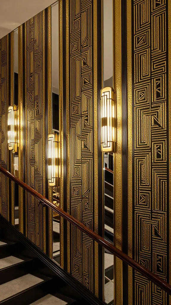 A high-angle, realistic photo capturing a magnificent Art Deco staircase wall in a luxurious entryway. The wall is dramatically adorned with a bold gold and black geometric patterned wallpaper, featuring intricate symmetrical designs and sharp angles. Strategically placed along the wall are a series of sleek, vertical beveled mirrored panels, reflecting the opulent space and enhancing its grandeur. Polished brass Art Deco wall sconces, with their clean lines, are mounted between the mirrored panels, casting a warm, atmospheric glow that highlights the wall's rich textures and patterns. The staircase features a dark, polished wood banister and steps, complementing the wall's luxurious aesthetic. The scene is bathed in soft, dramatic lighting, emphasizing the geometric precision and sophisticated opulence of the design. High-resolution, professional photography, no text.