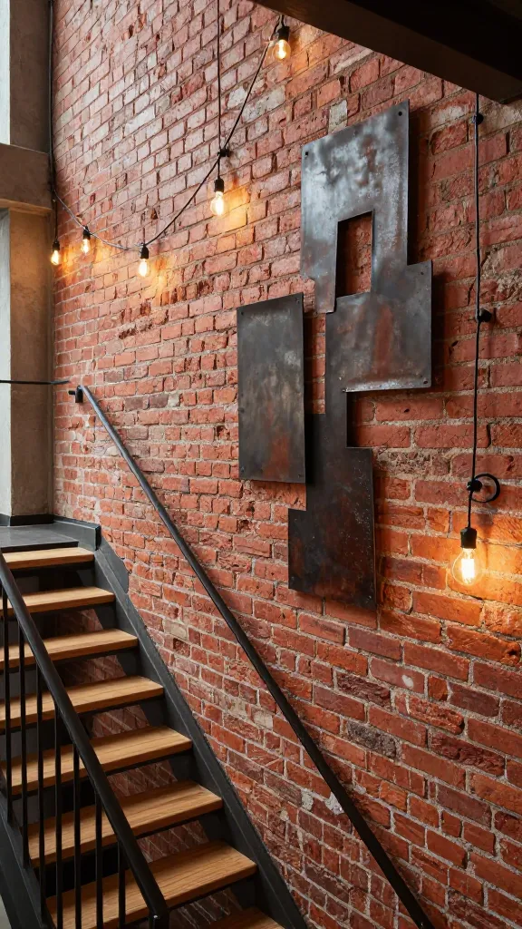 High-angle, realistic photo of a staircase wall in a modern industrial loft entryway. The prominent wall is an exposed, textured red brick, showcasing its raw beauty and urban grit. Adorning the brick are two large, abstract metal art pieces with a distressed, dark finish, positioned at different heights along the wall. A string of warm Edison bulb lights drapes casually but intentionally along the wall, casting a soft, inviting glow and highlighting the brick and metal art. The staircase itself features dark metal railings and raw wood treads, complementing the rugged aesthetic. The overall scene is well-lit with natural light, emphasizing the character and honest materials of the space. High-resolution, sharp focus, inviting atmosphere.