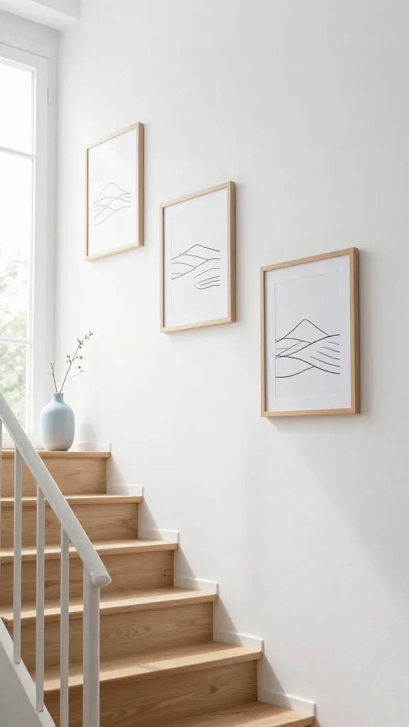 A realistic, high-quality photograph capturing a serene Scandinavian staircase wall design, bathed in abundant natural light from a large, unseen window. The crisp white walls, subtly textured, create a bright and airy atmosphere. Along the wall, a minimalist arrangement of three framed line art prints, featuring simple abstract landscapes in light natural wood frames, are evenly spaced, adding a touch of calm sophistication. The staircase features light oak wooden steps and a slender, functional white metal handrail. A small, pale blue ceramic vase with a single dried branch or a light grey woven basket sits on a simple wooden shelf on the landing, providing a subtle accent. The overall scene embodies Hygge with its uncluttered aesthetic, clean lines, and inviting warmth.