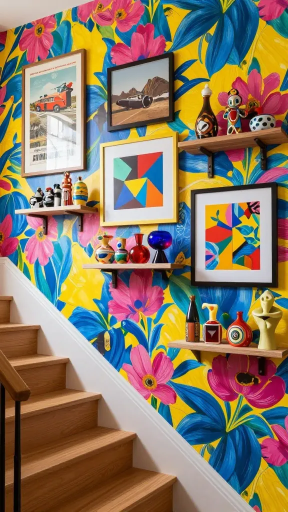 A high-resolution, realistic photograph capturing a vibrant and eclectic staircase wall in a contemporary home. The wall is a joyful riot of color and pattern, covered in a bold, large-scale abstract floral wallpaper featuring energetic hues of fuchsia, electric blue, and sunny yellow. An expansive gallery wall is confidently curated, showcasing a dynamic mix of framed art: a vintage travel poster, a striking geometric modern print, and a whimsical, brightly colored illustration, all in diverse frame materials and sizes. Integrated floating shelves display an eclectic collection of quirky ceramic figurines, colorful blown glass objects, and unique sculptural pieces. The wooden staircase provides a grounding, natural element. Soft, inviting natural light illuminates the scene, emphasizing the rich textures and the playful, utterly unique personality of the space. No text.