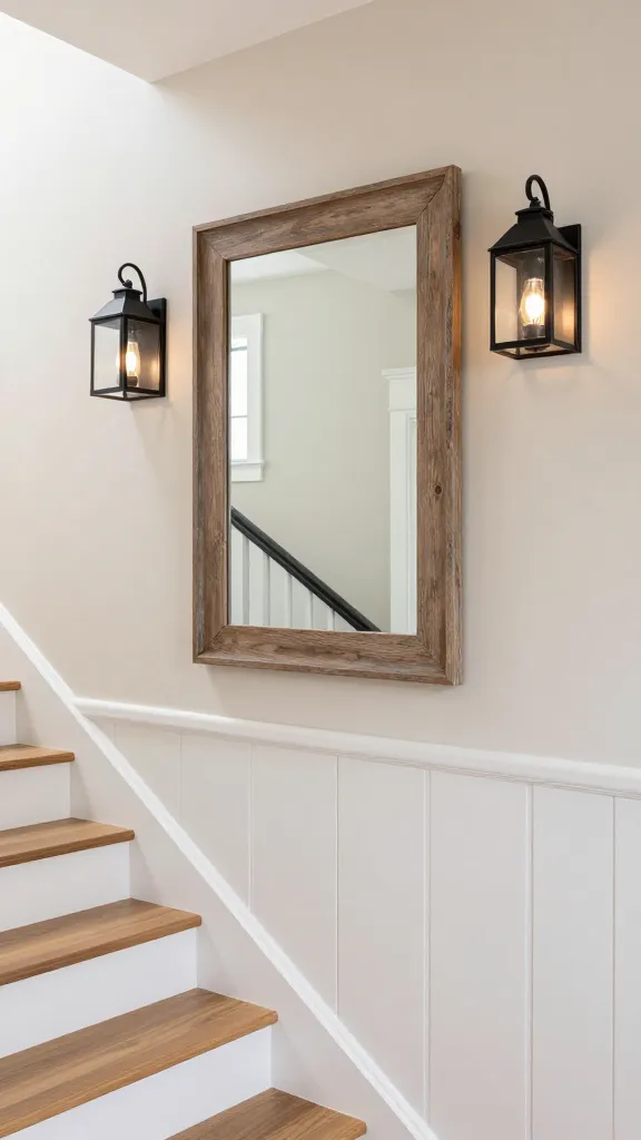 A realistic, high-quality photo capturing a modern farmhouse staircase wall. The lower half of the wall features crisp vertical planking painted in a soft off-white, while the upper half is a smooth, complementary light neutral tone. Centered on the wall is a large, rectangular mirror with a subtly distressed natural wood frame, reflecting a hint of the opposite wall or a window. Flanking the mirror are two elegant black metal sconces with a clean, lantern-style design, casting a warm glow. The staircase itself is subtly visible, with clean lines and natural wood treads ascending the left side of the frame. The overall ambiance is welcoming and stylish, blending rustic warmth with contemporary sophistication, bathed in soft natural light. No text.