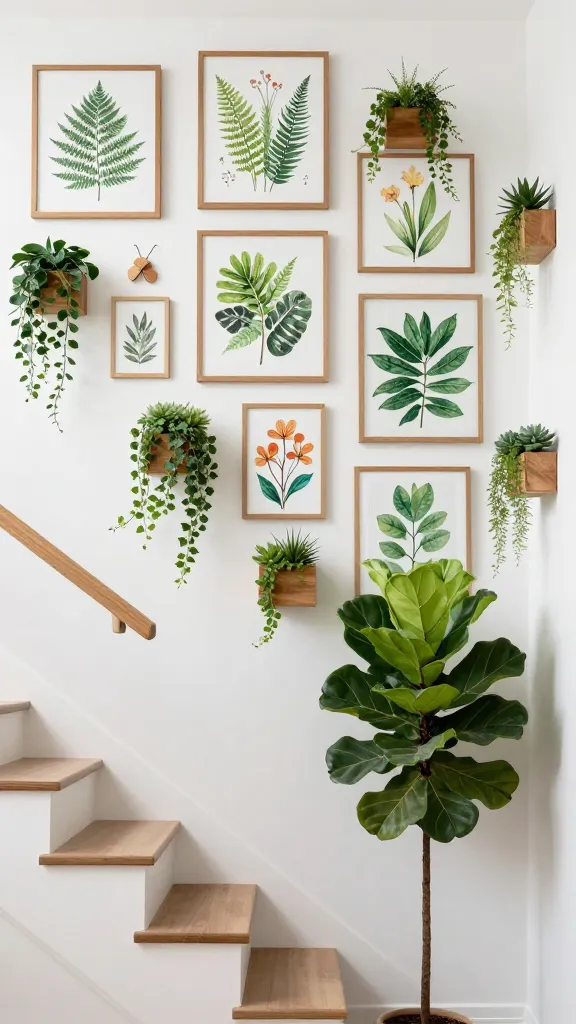 A high-quality, realistic photograph of a modern entryway featuring a prominent staircase wall transformed into a 'Botanical Bliss Garden Wall.' The crisp white wall is adorned with a curated series of framed botanical prints, showcasing detailed illustrations of vibrant ferns, exotic flowers, and lush leaves. Interspersed among the prints are small, minimalist wall-mounted planters, overflowing with cascading trailing ivy and various succulents. At the base of the stairs, a large, healthy Fiddle Leaf Fig tree stands as a striking statement potted plant. The dominant color palette features natural greens from the abundant foliage, warm earthy browns from wooden frames and planters, and crisp whites from the wall and staircase. Soft, natural light illuminates the scene, creating a fresh, vibrant, and invigorating atmosphere. No text.