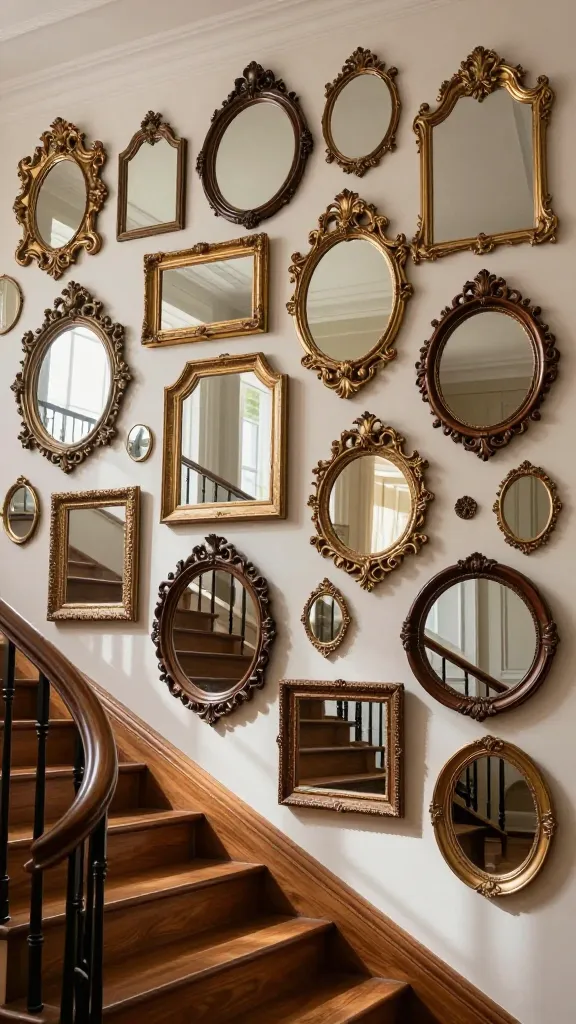 Photorealistic, high-resolution photograph of a grand, luxurious entryway staircase wall. The wall is exquisitely decorated with a curated collection of antique mirrors, featuring an eclectic mix of ornate, gilded, and dark wood frames in various shapes (oval, rectangular, round) and sizes, artfully clustered together to create a dazzling, dynamic display. Soft, natural light streams in, reflecting beautifully off the diverse mirrored surfaces, expanding the sense of space and casting a glamorous, elegant glow across the rich wooden staircase and landing below. The scene exudes sophisticated opulence and warmth.