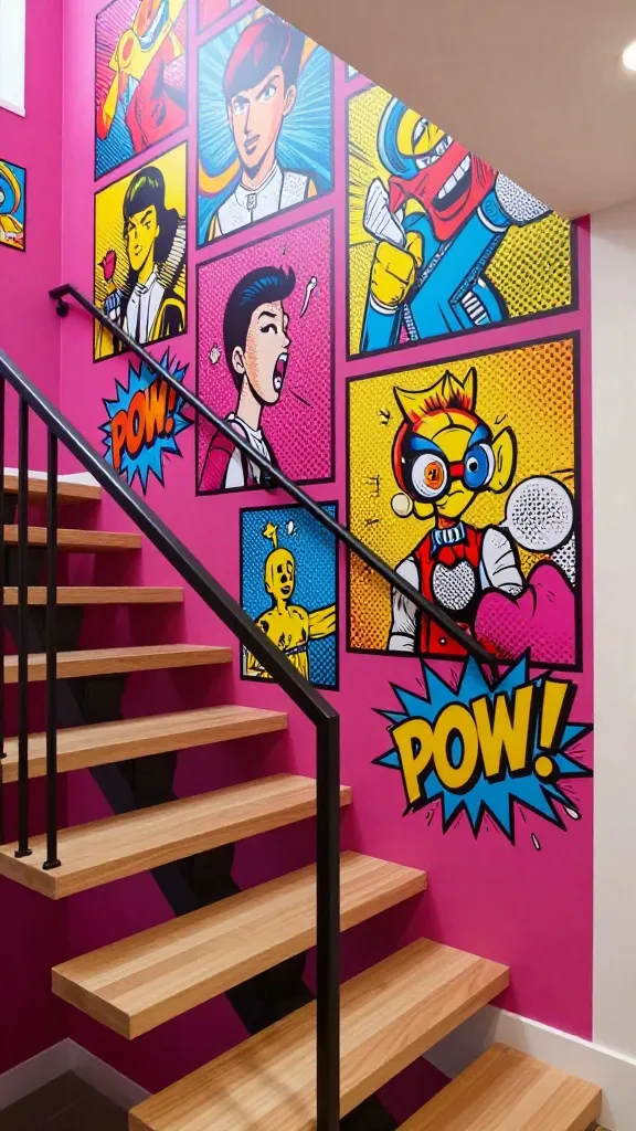 A realistic, high-quality, eye-level photograph capturing a vibrant and playful Pop Art-inspired staircase wall in a contemporary entryway. The prominent staircase ascends from the foreground, featuring sleek, light wood treads and minimalist black metal railings. The entire wall alongside the staircase is painted an electric fuchsia, creating a bold and energetic backdrop. Adorning this fuchsia wall are several large-scale, brightly colored graphic art prints in the style of classic comic book panels and iconic Pop Art. These prints feature dynamic, Lichtenstein-esque dot matrix patterns depicting stylized figures and abstract action, with visual representations of sound effects like a bold, oversized 'POW!' graphic (no legible text, just the visual form). The arrangement of the art is dynamic and eye-catching, injecting humor and modern culture. Bright, diffused natural light illuminates the space, making the vivid colors pop and creating a fun, unforgettable visual statement. No text on images.