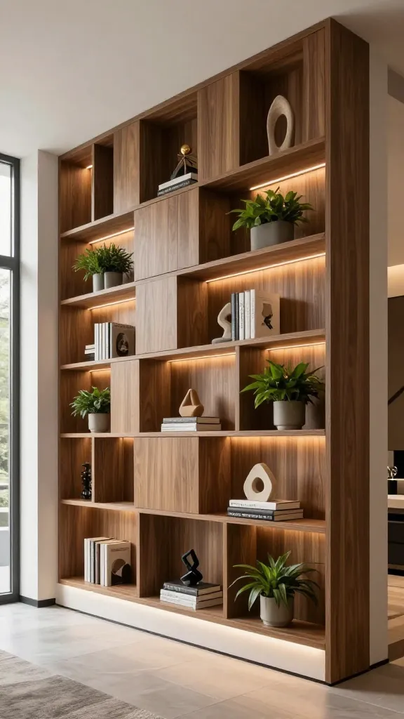 A high-resolution, realistic interior design photograph showcasing a modern staircase wall as the architectural focal point of a sophisticated entryway. The wall features custom built-in shelving seamlessly integrated into a unique, three-dimensional geometric wood paneling design. Recessed warm LED strip lighting runs subtly along the underside of each shelf and along the base of the wall, highlighting the textures and casting a soft glow. The shelves are artfully styled with a curated collection of design books, small abstract sculptures, and lush green potted plants. Natural light gently filters in from an unseen window, complementing the integrated lighting. The overall aesthetic is clean, elegant, and an architectural masterpiece.