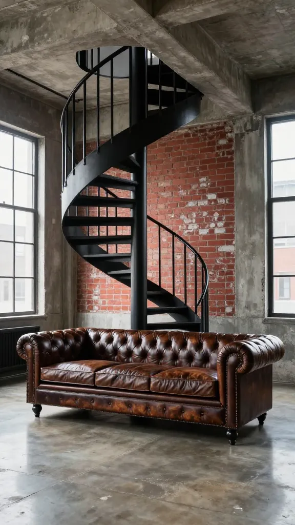 A high-quality, professional interior photograph showcasing an industrial chic loft. The custom-fabricated black matte steel spiral staircase, featuring perforated metal treads, stands as the bold central art piece, rising from the polished warm gray concrete floors that subtly reflect light. An oversized, distressed dark brown leather Chesterfield sofa is strategically placed, anchoring the space. The backdrop features raw, exposed concrete walls, with a prominent section of distressed red brick adding a striking textural pop. The dominant color palette consists of charcoal gray, matte black, and warm concrete, with the rich red brick providing a vibrant contrast. Natural light floods the loft from large industrial-style windows, emphasizing the raw beauty and strength of the materials, creating an edgy, no-nonsense urban aesthetic.