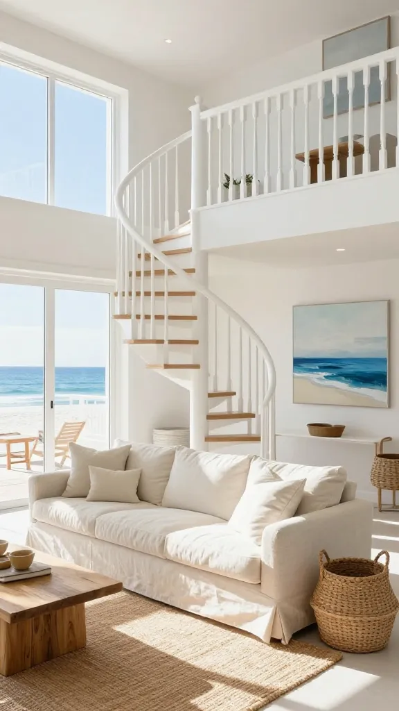 A high-angle, bright, and sun-drenched realistic photo of a luxurious Hamptons-style coastal living space. The central feature is an elegant whitewashed oak spiral staircase with simple, graceful balusters, ascending beautifully and connecting two airy levels. The room's color palette is dominated by crisp whites, soft sky blues, and sandy beiges, with subtle natural driftwood tones. A light-toned linen slipcover sofa is positioned comfortably, resting on a large, textured jute rug. Woven baskets are strategically placed, enhancing the natural texture. On a pristine wall, an abstract ocean scene artwork in harmonious blues and whites provides a sophisticated focal point. The overall ambiance is one of serene lightness, airiness, and understated seaside elegance, reminiscent of a breezy beach house. No text.