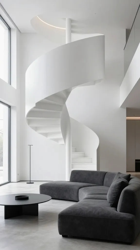 A high-quality, professional interior photograph showcasing a modern minimalist living space dominated by a striking, sculptural spiral staircase. The seamless, pure white powder-coated steel spiral staircase, featuring a minimalist railing, ascends gracefully, its clean lines and precise angles serving as the room's bold architectural statement. Integrated, subtle lighting meticulously highlights the staircase's form. In the foreground, a low-slung, modular sofa in deep charcoal gray provides a sophisticated seating area. Accents of matte black are subtly incorporated through a sleek, minimalist coffee table and a slender floor lamp. The surrounding walls and polished concrete floor are pure white, creating a serene and uncluttered monochrome palette. Natural light streams in from a large, unadorned window, enhancing the pristine surfaces and the overall sleek, sophisticated aesthetic.