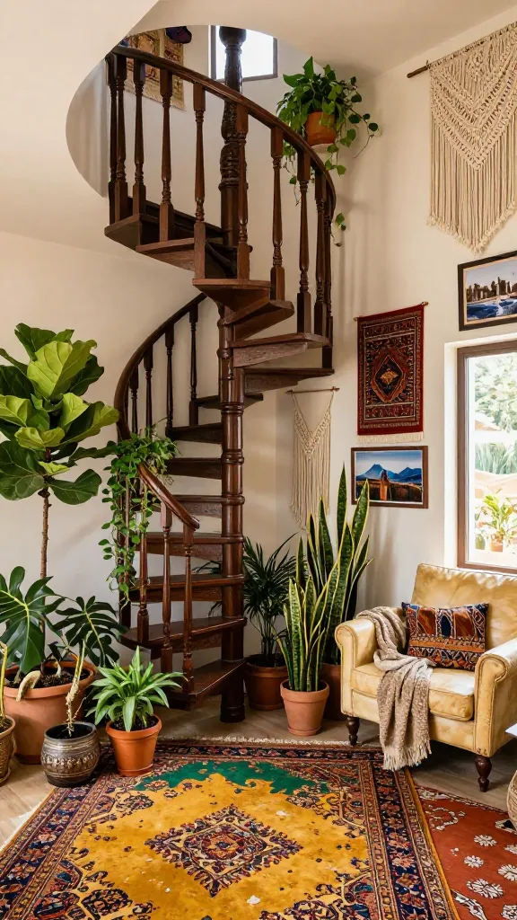 A high-angle, wide shot interior photograph showcasing a majestic dark wood spiral staircase with intricately carved balusters, serving as the vibrant heart of a boho eclectic living space. The staircase emerges from a rich tapestry of layered Persian and Moroccan rugs in deep mustard yellow, emerald green, and earthy terracotta hues. An abundance of lush, potted plants, including a tall fiddle-leaf fig, trailing pothos, and snake plants, are artfully arranged around the base and winding up the side of the staircase, creating a verdant, living atmosphere. Walls are adorned with a curated collection of global textiles, macrame wall hangings, and framed travel photography, adding to the well-traveled aesthetic. Nearby, a warm cream distressed leather armchair is draped with a textured throw blanket and a patterned cushion, inviting relaxation. Natural light streams in from a large window, highlighting the rich textures and patterns, and casting a soft glow. The overall scene exudes a wonderfully chaotic yet harmonious, cozy, and deeply personal atmosphere, bathed in warm cream and brown tones with vibrant pops of color. Realistic, high-quality interior photography, no text.
