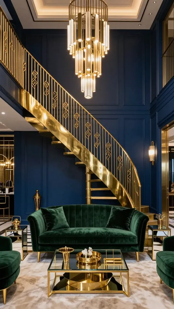 A luxurious, high-angle interior photograph of an opulent Art Deco living room, designed for elegant entertaining. The focal point is a grand, gleaming brass spiral staircase with intricate geometric patterns in its railing, ascending gracefully from the center of the room. The walls are painted a deep navy blue, providing a rich backdrop. A plush hunter green velvet sofa is positioned invitingly, flanked by mirrored side tables with elegant gold accents. An Art Deco-inspired chandelier hangs overhead, casting a warm, dramatic glow that highlights the metallic gleam of the staircase and the luxurious textures of the room. A contrasting cream rug grounds the seating area, and subtle gold and brass decorative elements are scattered throughout, enhancing the sophisticated, Roaring Twenties atmosphere. Realistic, high-quality, professional interior photography, no text.