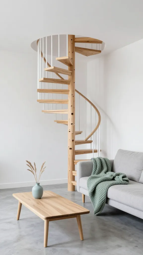 A high-quality, realistic interior photograph showcasing a serene Scandinavian living space, bathed in abundant natural light. The focal point is a stunning spiral staircase crafted from natural blonde birch wood, featuring sleek, minimalist white metal spindles that ascend gracefully. The room embraces a crisp white and pale gray color palette, with clean white walls and a subtle pale gray polished concrete floor. Simple, functional furniture includes a light ash wood coffee table and a comfortable, light gray fabric sofa adorned with a soft, textured chunky knit throw in a muted sage green. A subtle touch of soft blue is introduced through a minimalist ceramic vase holding a few dried reeds on the coffee table. The overall ambiance is one of calm, warmth, and inviting simplicity, with clean lines and natural materials creating a perfect Hygge environment. No text on image.