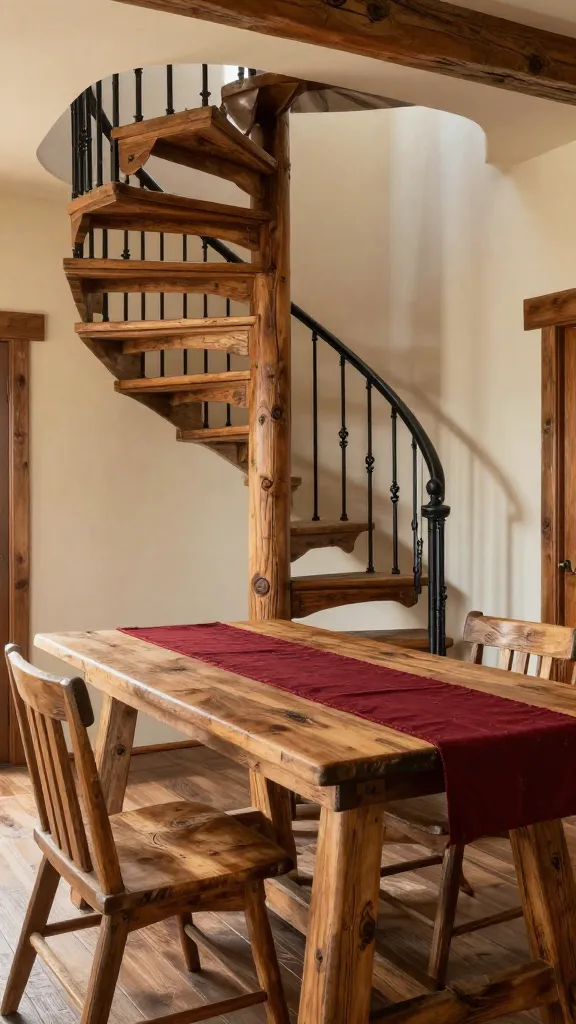A high-quality, realistic photo capturing a cozy and inviting rustic farmhouse interior, bathed in warm, natural light. The space exudes a timeless, lived-in feel, with a robust spiral staircase prominently featured, crafted from sturdy, distressed reclaimed wood, its steps showing character and history. A simple black wrought iron railing gracefully follows the curve of the staircase. The walls are painted in a warm cream or soft beige, complementing the rich, distressed wood tones found throughout the space. A large, comfortable farmhouse table, also made of distressed wood, serves as a central gathering point, adorned with a deep barn red runner or surrounded by subtle deep barn red accents in nearby decor. The overall aesthetic is authentic country charm, with additional black wrought iron accents seamlessly tying the elements together.
