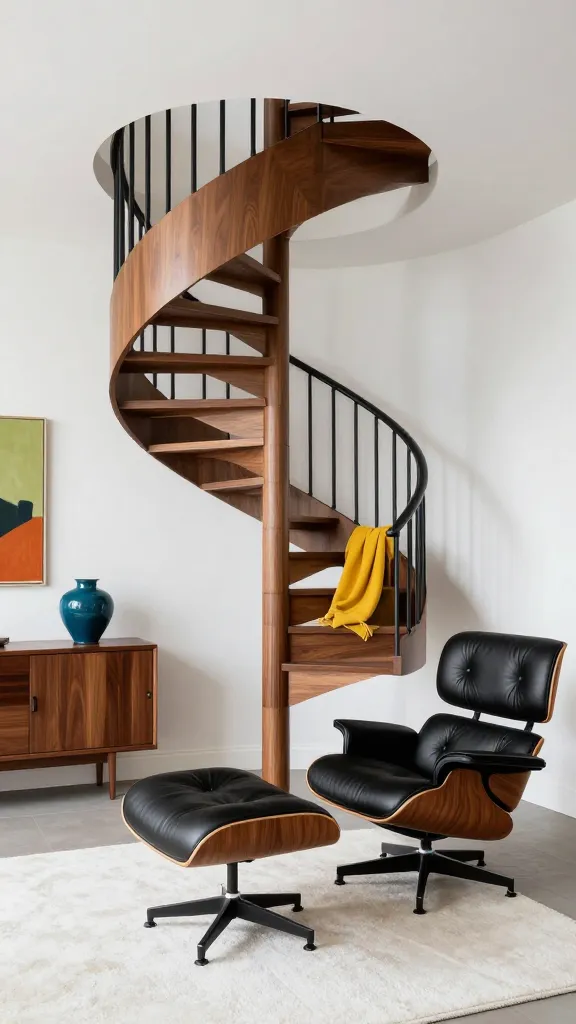 A high-angle, wide shot of a sophisticated Mid-Century Modern living space, bathed in soft, natural light. The central, dominant focal point is a striking spiral staircase, meticulously crafted from rich walnut wood, featuring a delicate, gracefully curved metal railing in a matte black finish, ascending with an elegant, sculptural presence. Adjacent to the staircase, an iconic Eames Lounge Chair and Ottoman, in dark walnut veneer and supple black leather, is perfectly positioned on a plush, low-pile clean white rug. The walls are a crisp white, providing a sleek, gallery-like backdrop. The vibrant color palette is subtly integrated through carefully selected accents: a mustard yellow throw draped over the Eames chair, a sleek, low-slung credenza in dark walnut topped with a deep teal ceramic vase, and a small, abstract art piece on the wall featuring subtle hints of avocado green and orange. The overall aesthetic embodies the optimistic design spirit of the 1950s and 60s with its emphasis on organic shapes, elegant curves, and refined materials. Realistic, high-quality photograph, professional architectural photography style, no text.