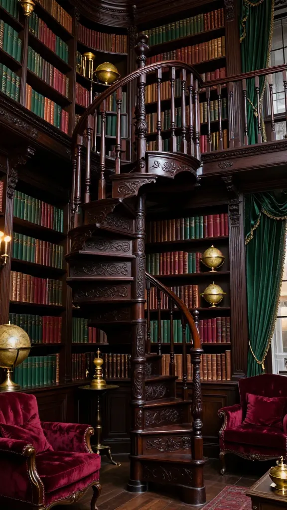 A dramatic and intellectual Gothic Revival library, exuding dark academia vibes. Dominating the scene is an ornate dark mahogany spiral staircase with intricately carved newel posts and balusters, gracefully ascending into the upper reaches of the room. Floor-to-ceiling built-in bookshelves, crafted from rich dark oak, line the walls, densely packed with leather-bound books in varying shades of deep forest green and rich burgundy, interspersed with antique brass scientific instruments and aged globes. The interior features a palette of deep forest green and rich burgundy in plush velvet upholstery on armchairs and heavy drapes, contrasted with the dark mahogany and oak woods. Accents of antique brass and gold are present in decorative elements and warm, dim lighting fixtures, casting a mysterious glow. The atmosphere is reminiscent of an ancient manor house or secret library tower. Realistic, high-quality photograph, no text.
