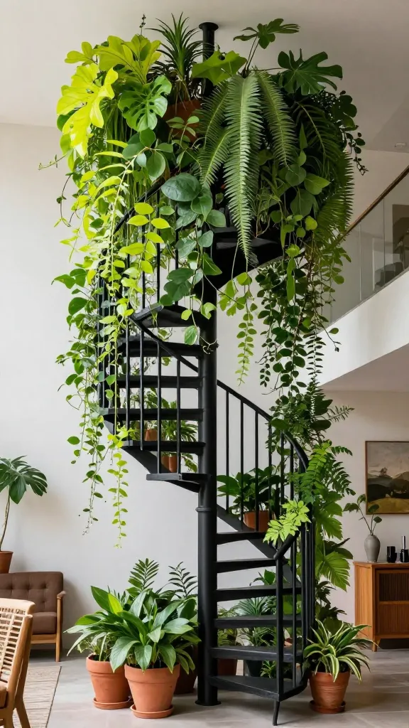 A high-quality, realistic interior design photograph capturing an "Urban Jungle Oasis" within a modern home. A simple, black metal spiral staircase is the central, striking feature, completely enveloped and serving as a living trellis for an abundance of lush climbing plants, creating a dense, vibrant green canopy that weaves through its structure. The plants showcase a wide spectrum of greens, from bright lime to deep forest hues, blurring the lines between indoor and outdoor spaces. The surrounding decor incorporates natural terracotta planters, earthy brown furniture and textures, warm wood accents, and crisp white walls, all bathed in bright, natural light. The overall atmosphere is incredibly refreshing, evoking the vibrant energy of a botanical garden. No text.