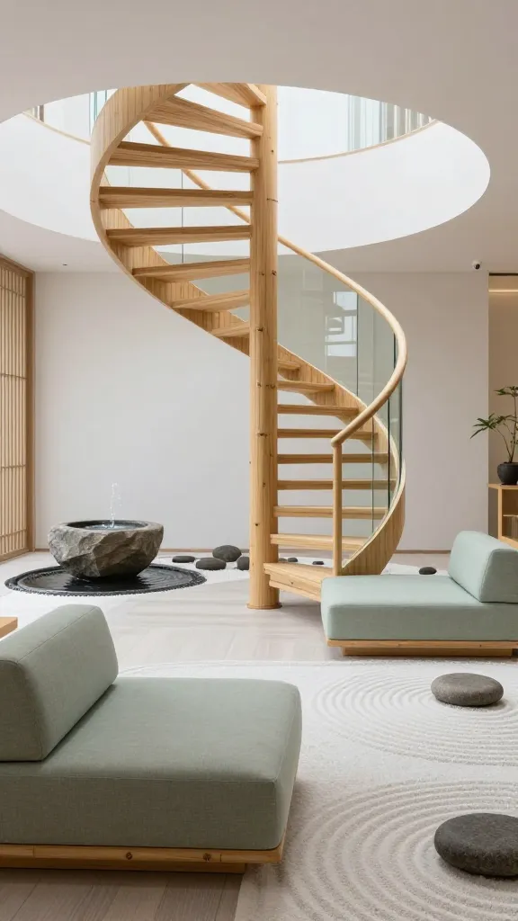 A high-resolution, realistic photograph of a serene Zen Garden Sanctuary interior, embodying Japanese aesthetics with a focus on peace and tranquility. At its heart, a graceful, understated spiral staircase crafted from smooth, light bamboo or pale wood, featuring a minimalist, almost invisible glass railing that blends seamlessly into the clean lines of the design. The space is meticulously arranged with low-profile platform furniture upholstered in a soft sage green or pale stone gray fabric, inviting quiet contemplation. Adjacent to the furniture, a small, elegant indoor water feature, such as a carved stone basin with gently trickling water, creates a soothing soundscape. The flooring is a light wood or pale stone gray, complemented by clean white walls. Subtle natural elements like carefully placed smooth river stones or a small, meticulously raked sand garden area enhance the minimalist, natural ambiance. Soft, diffused natural light fills the space, creating an atmosphere of profound calm.