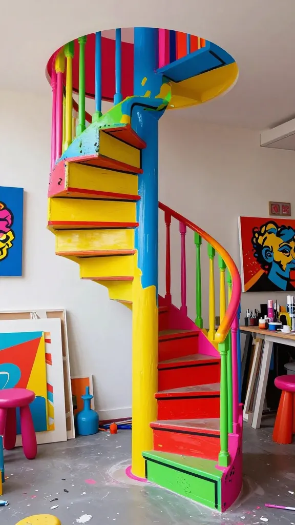 A high-quality, realistic photograph capturing a vibrant and energetic Pop Art studio. The centerpiece is a custom-painted spiral staircase, designed as a dynamic, colorful sculpture that perfectly complements the playful chaos of the space. The staircase itself is a bold artistic statement, featuring sections of bright primary colors—electric blue, sunny yellow, and fiery red—all outlined with thick, graphic black lines. Whimsical accents of lime green and hot pink are incorporated into the railing and individual steps. Around the staircase, the studio is filled with large, partially finished canvases showcasing bold Pop Art designs, art supplies scattered creatively, and quirky, oversized decor elements, all adhering to the palette of bright primary colors, black outlines, and punches of lime green and hot pink. The lighting is bright and even, emphasizing the vivid hues and sharp contrasts. No text.