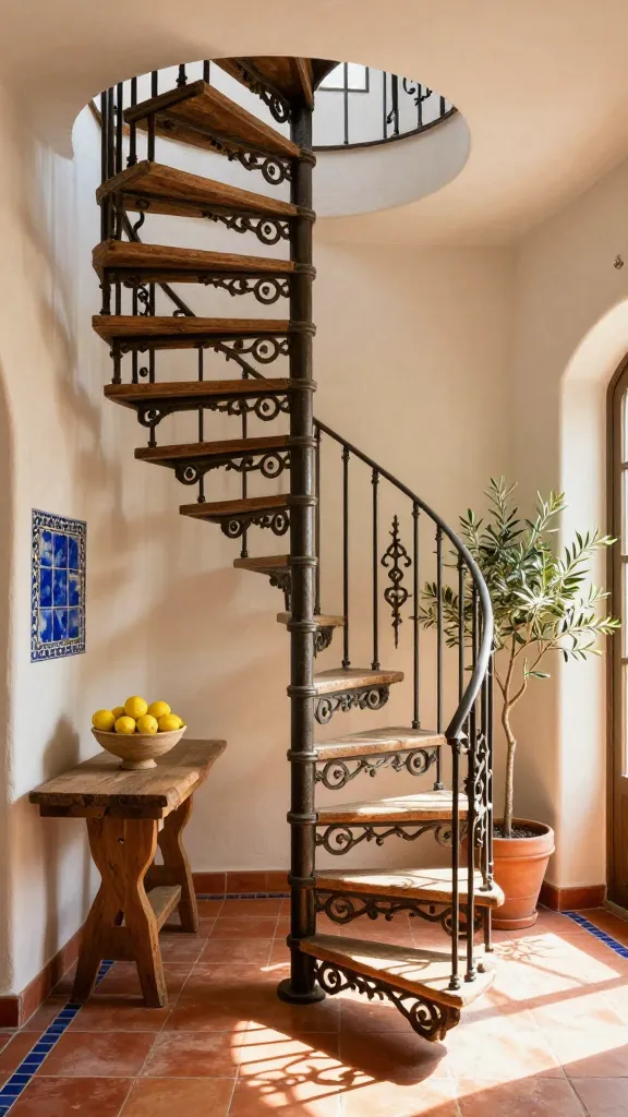 A high-angle, realistic, high-quality photograph inside a sun-drenched Mediterranean villa, showcasing a magnificent wrought iron spiral staircase as the focal point. The staircase features intricate decorative scrollwork and warm terracotta tile treads, gracefully ascending against creamy stucco white walls. Sunlight streams through an unseen window, bathing the scene in a warm, golden glow and casting soft, inviting shadows. Hand-painted ceramic tiles in deep cobalt blue are subtly integrated as accents on the wall adjacent to the staircase and as a border on the terracotta tiled floor. At the base of the stairs, a sturdy, rustic wooden console table holds a simple earthenware bowl filled with vibrant yellow lemons, and a tall, earthy olive green plant in a terracotta pot adds a touch of natural elegance. The scene evokes a sense of old-world charm, timeless elegance, and a rustic yet refined appeal. No text.