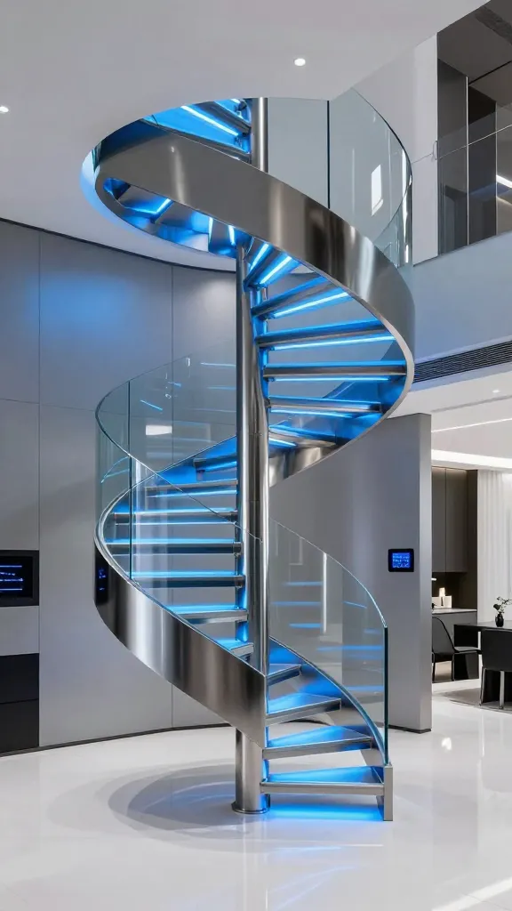 A professional, high-resolution architectural photograph showcasing a sleek, minimalist, high-tech smart home interior. The prominent central feature is a custom-designed spiral staircase crafted from polished stainless steel and clear tempered glass. Integrated LED lighting within the staircase emits a striking electric blue glow, illuminating the steps and casting a futuristic ambiance onto the surrounding cool silver gray walls and glossy white floor. Sleek black accents are present on minimalist furniture and wall panels. Voice-controlled smart home devices are subtly integrated into the clean, uncluttered environment, emphasizing cutting-edge technology and futuristic aesthetics. The image is captured with sharp focus and sophisticated, ambient lighting. No text.