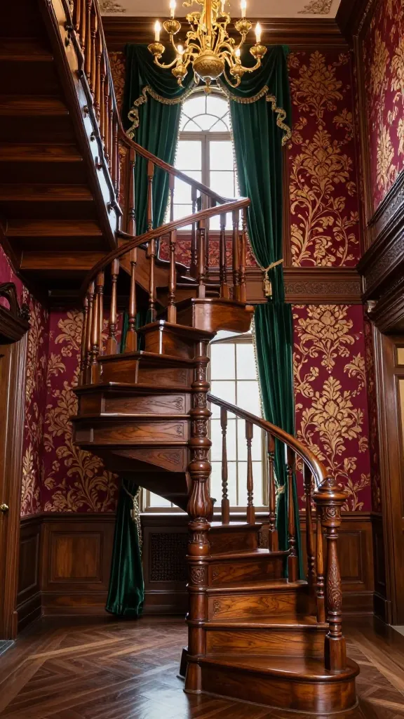A high-quality, realistic photograph of a magnificent Victorian-era grand spiral staircase, crafted from polished dark mahogany wood, serving as the central focal point in an opulent hall. The staircase features exquisitely carved newel posts, intricately turned balusters, and a smooth, polished handrail, all gleaming under soft, ambient light. The walls are adorned with heavy damask wallpaper in a deep burgundy hue, subtly woven with gold thread patterns. A large, ornate brass chandelier hangs from above, casting a warm glow. Rich emerald green velvet drapes frame a tall arched window in the background, adding a touch of lavish color. The scene exudes intricate craftsmanship and luxurious grandeur, with no text on the image.