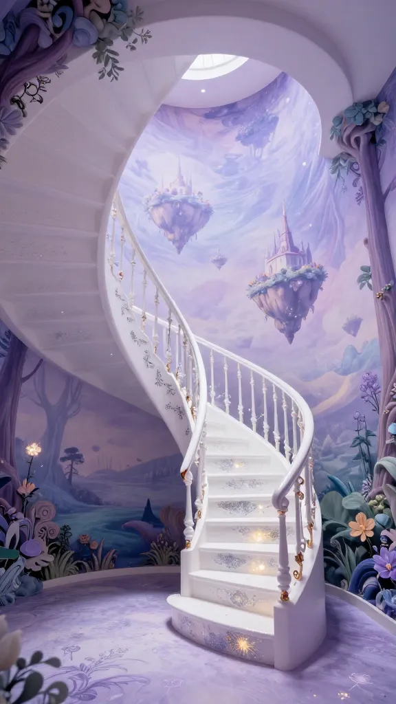 A high-quality, realistic interior photograph showcasing a breathtaking, whimsical fantasy nook designed as a hidden world straight from a storybook. Dominating the scene is a custom-curved spiral staircase, its risers intricately hand-painted with shimmering silver and gold celestial patterns and delicate flora. The steps are a pearlescent white, and the organic-shaped banister features subtle bronze detailing. Expansive, dreamy murals envelop the surrounding walls, depicting mystical forests, gentle floating islands, and distant, glowing castles, all rendered in a palette of soft lavender, periwinkle blue, and misty greens. The entire space is bathed in soft, ethereal light, creating a magical, escapist atmosphere.