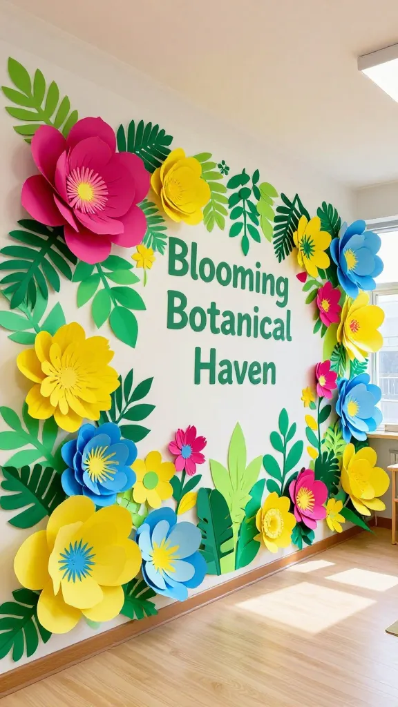 A wide, slightly angled, high-resolution photograph capturing a vibrant spring classroom. The main focus is a stunning feature wall transformed into a 'Blooming Botanical Haven,' bursting with handcrafted paper art. Oversized paper flowers in vivid fuchsia, bright lemon yellow, and soft sky blue are meticulously arranged across the wall, creating a lush, three-dimensional floral backdrop. Intricate leafy garlands, crafted from various shades of green paper in diverse shapes, are artfully intertwined among the blooms, enhancing the secret garden atmosphere. Natural light floods the space, highlighting the textures and vibrant colors of the decorations, making the classroom feel alive and inspiring, like a place where learning truly blossoms. No text.