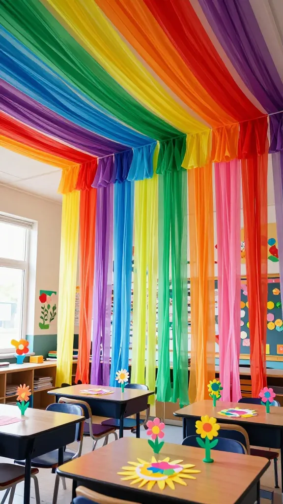 A high-angle, realistic, high-quality photograph captures an elementary school classroom transformed into an explosion of vibrant, unapologetically cheerful spring decor. The entire ceiling is a magnificent canopy of rainbow magic, created by gracefully draped colorful crepe paper streamers that cascade down, filling the space with dynamic energy and joy. Bright, natural daylight floods the room, brilliantly illuminating the spectrum of hues. Below this festive ceiling, a few student desks are arranged, each subtly featuring small, handmade spring classroom crafts like paper flowers, butterflies, or suns, adding to the cheerful and creative atmosphere. The overall scene is full of positive energy, vibrant hues, and a playful spirit, ready for learning. Sharp focus, rich colors, no text on image.