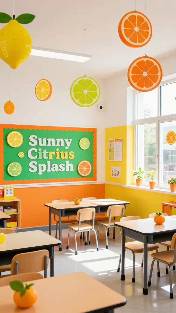 A vibrant and sun-drenched elementary classroom, meticulously decorated with a 'Sunny Citrus Splash' theme. The walls are a cheerful canvas of bold oranges, cheerful yellows, and lively lime greens, punctuated by crisp white accents. Oversized, handcrafted cardstock cutouts of lemon, lime, and orange cross-sections are artfully arranged on the bulletin boards and suspended from the ceiling, creating a refreshing, zesty atmosphere. Natural light streams through large windows, illuminating the brightly colored decor. Desks are neatly arranged, some featuring small citrus-themed accents. The overall impression is one of invigorating freshness and vibrant energy, reminiscent of a warm spring day. High-quality, realistic interior photography, wide shot, no people, no text.