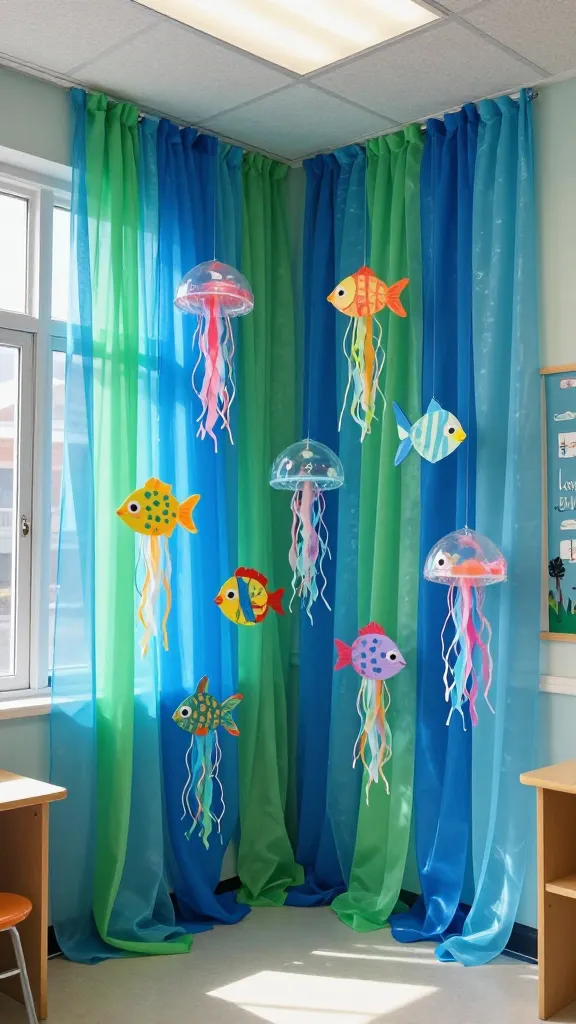 A realistic, high-quality photograph captures a vibrant elementary classroom corner, transformed into an immersive "Under the Sea Adventure" for a spring makeover. The walls and ceiling are artfully draped with flowing strips of varying shades of blue and green paper and translucent fabric, creating a dynamic, shimmering aquatic illusion. Suspended at different heights are numerous colorful student-made crafts: brightly decorated paper plate fish, each uniquely designed with patterns and googly eyes, appearing to swim through the air. Whimsical jellyfish, crafted from inverted clear plastic bowls with long, multi-colored streamers trailing below, gently sway. Natural sunlight streams into the room, illuminating the crafts and enhancing the captivating, playful underwater atmosphere. The scene is clean, organized, and full of imaginative detail, with no text visible.