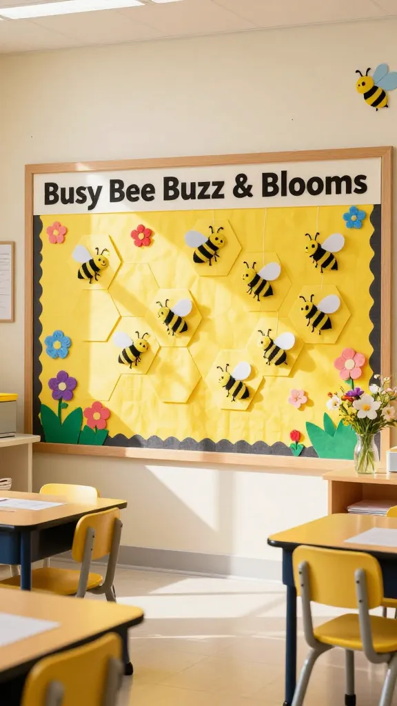 A vibrant, sun-drenched elementary school classroom featuring a large, eye-catching bulletin board transformed into a cheerful 'Busy Bee Buzz & Blooms' display. The bulletin board showcases a meticulously crafted honeycomb pattern made from bright yellow construction paper hexagons, creating a prominent focal point. Numerous adorable felt and paper bees, complete with delicate pipe cleaner antennae, are artfully arranged across the honeycomb, some appearing to 'fly' with subtle string attachments. The room is infused with a dominant palette of sunny yellows and striking blacks, beautifully accented by pops of crisp white and a cheerful array of various flower colors – soft pinks, sky blues, and vibrant purples – seen in supplementary decorations and a small vase of fresh spring blooms on a nearby desk. Natural light streams through a large window, illuminating the inviting space where child-sized desks and chairs are neatly arranged. The overall atmosphere is sweet, educational, and undeniably cute, capturing the industrious spirit of bees and the freshness of spring. High-resolution, professional photography, soft natural lighting, shallow depth of field, bright and inviting.