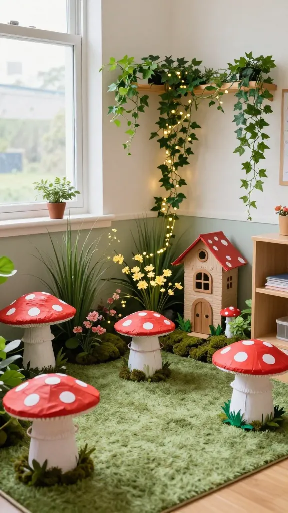 A high-quality, realistic photograph of a cozy classroom corner transformed into an 'Enchanted Fairy Garden' reading nook, bathed in soft, ethereal natural light. The scene prominently features several vibrant, student-made 'Paper Mushroom Stools' crafted from painted buckets or cardboard boxes with bright red tops and white polka dots, arranged invitingly on a soft green rug. Various unique, student-designed and decorated 'Fairy House Crafts' are nestled among lush artificial ivy, moss, and delicate faux flowers, creating a whimsical landscape. Subtle strings of warm fairy lights twinkle gently, adding a touch of sparkle and magic. The overall atmosphere is dreamy, charming, and inspiring, showcasing imaginative classroom crafts in a beautifully styled educational space. No text.