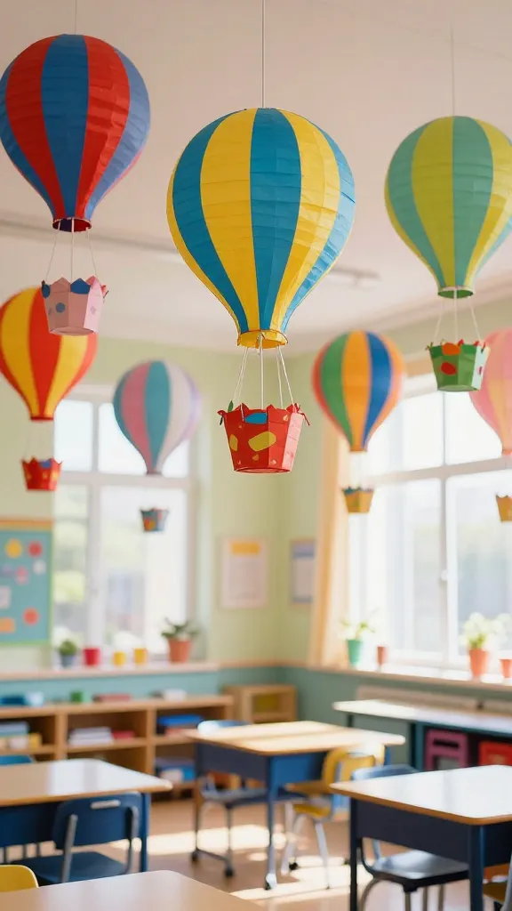 A vibrant, sunlit elementary classroom interior, meticulously decorated for spring. Numerous colorful hot air balloons, crafted from paper lanterns adorned with strips of bright primary reds, blues, yellows, and soft pastel papers, hang at varying heights from the ceiling. Each balloon features a small, intricate paper basket dangling beneath it. The balloons cast soft, colorful reflections, creating an uplifting and whimsical atmosphere, reflecting natural light from large windows. Desks and chairs are neatly arranged, hinting at a lively learning environment. The overall scene is a high-quality, realistic photograph, showcasing a sense of wonder and adventure.