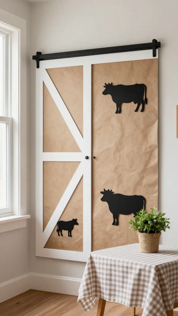 A high-quality, realistic photograph of a cozy and inviting classroom corner with a rustic farmhouse theme. The main feature is a large bulletin board artfully designed to resemble a barn door, crafted from textured brown paper with crisp white strips forming the crossbeams. Simple, elegant black silhouettes of farm animals, like a cow, are neatly arranged around the bulletin board. Nearby, a small display table is draped with a muted gingham tablecloth, and a small potted plant sits in a burlap-wrapped pot. Natural light streams in from a window, highlighting the warm, simple, and down-to-earth atmosphere, showcasing the natural textures and muted tones. The focus is on the classroom decor, with no children or text visible.
