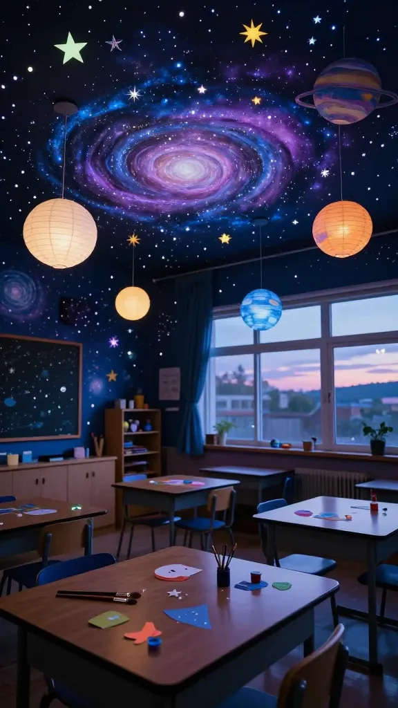 A high-angle, wide-shot, realistic photo of a tranquil classroom dramatically transformed into a "Starry Night Sky" cosmic observatory. The room's walls are painted or draped in deep navy blues and rich purples, with subtle shimmering silver and gold accents catching the light. The entire ceiling is meticulously covered with a vibrant array of student-made glow-in-the-dark stars and planets, crafted from cardstock and painted with unique designs, creating a personalized galaxy. Several beautifully decorated paper lantern moons, appearing handmade, hang at various heights, emitting a soft, ethereal light. A large window reveals the early evening sky, but the primary illumination comes from the cosmic decor. On a student desk in the foreground, a few leftover paintbrushes, a small pot of glow-in-the-dark paint, and some cut cardstock shapes are visible, clearly indicating recent craft activity. The scene is magical, calming, and truly enchanting, highlighting the successful spring classroom craft project.