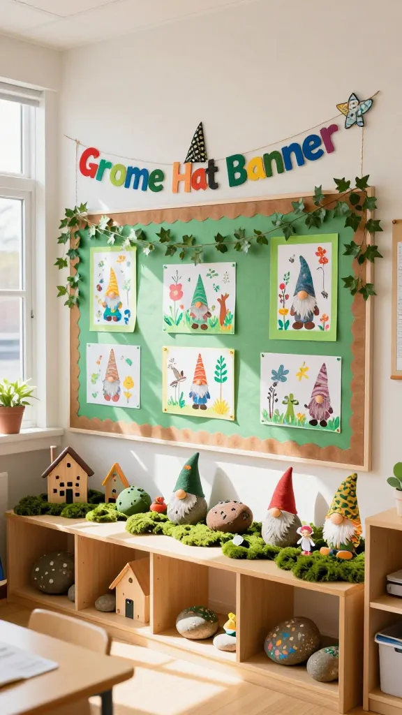 A high-quality, realistic photo of a whimsical, sun-drenched elementary classroom, vibrantly decorated with a 'Little Garden Gnomes & Friends' spring theme. The room feels playful, quirky, and utterly endearing, a space where imagination thrives. Dominating a central wall is a colorful bulletin board, topped with a cheerful 'Gnome Hat Banner' made from various felt and patterned paper cut-outs strung on twine. Below, student artwork of gnomes, fairies, and woodland creatures is displayed, framed by artificial ivy. On a nearby low shelf or windowsill, an enchanting arrangement showcases 'mossy stone crafts' – small rocks painted in earthy greens and browns – interspersed with miniature wooden houses and delicate fairy figurines. Soft natural light streams in from a large window, illuminating the fresh spring color palette of greens, browns, reds, and blues, enhancing the magical ambiance of this meticulously crafted classroom.