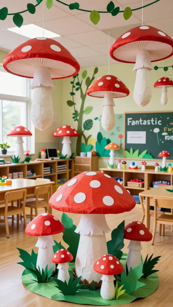 A high-quality, realistic photograph capturing a vibrant elementary classroom meticulously decorated with a 'Fantastic Fungi Forest' theme. The room is filled with numerous oversized, handcrafted paper mushrooms, each featuring a rich red cap adorned with classic white dots, supported by creamy white rolled paper stems. These whimsical mushrooms are artfully arranged throughout the space, some suspended at various heights from the ceiling, others clustered on display tables and shelves, creating an immersive, storybook illustration feel. Lush vibrant green accents, like paper vines or leafy cutouts, complement the earthy brown tones of furniture and natural wood elements. Bright, natural light illuminates the scene, highlighting the imaginative details and the cheerful, spring-inspired atmosphere. Focus on the creative display of the paper mushroom crafts. No text.