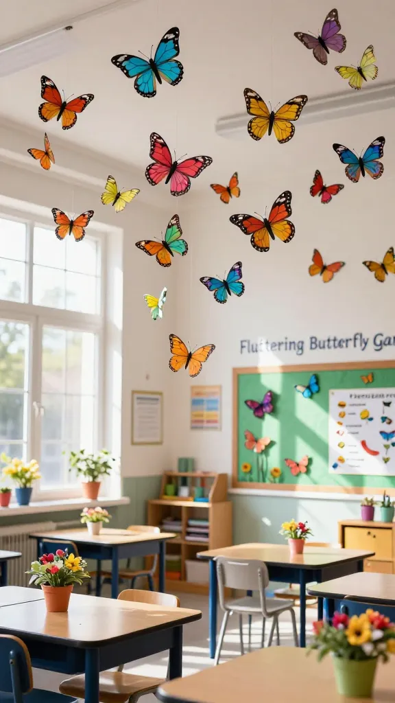 A vibrant and enchanting elementary classroom spring makeover, transformed into a "Fluttering Butterfly Garden." Numerous delicate, colorful coffee filter butterflies, crafted by students, are artfully suspended from the ceiling at various heights, creating a graceful sense of gentle movement and a dynamic visual display. Bright natural sunlight streams through large windows, illuminating the translucent wings and casting soft, inspiring glows throughout the clean, airy space. A prominent bulletin board features more colorful coffee filter butterflies alongside a partial, educational butterfly life cycle display. Neatly arranged children's desks are visible, some adorned with small potted spring flowers, adding to the fresh, inspiring atmosphere. The scene is a high-quality, realistic photograph, captured from a medium-wide angle, emphasizing the enchanting, movement-filled decor.