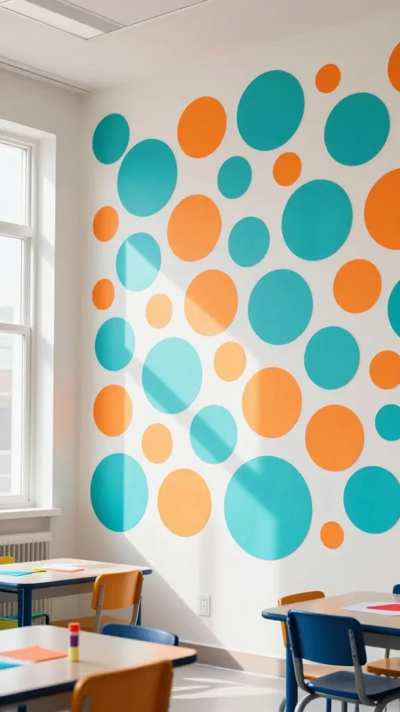 A vibrant, sunlit elementary classroom featuring a large wall adorned with an energetic arrangement of giant, perfectly round polka dots. These polka dots are cut from bright turquoise and lively orange paper, playfully scattered and slightly overlapping against a clean white wall. Child-sized tables and chairs are visible in the foreground, some with a few colorful paper scraps and glue sticks, hinting at a recent crafting activity. Natural light streams abundantly through a large window, illuminating the cheerful atmosphere. High-resolution, realistic photograph, professional interior design magazine aesthetic, wide-angle shot, no people, no text.