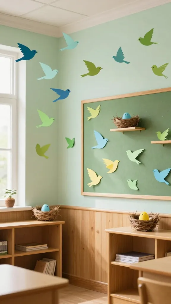 A serene and inviting spring-themed classroom, bathed in soft natural light. The walls are painted in gentle greens and soft blues, complementing warm brown wooden accents on shelves and furniture. Delicate paper bird silhouettes in various sizes and shades of blue, green, and yellow are artfully arranged across a prominent bulletin board and appear to 'fly' along the upper walls, creating a sense of movement and lightness. Small, handcrafted bird nests made from brown paper strips and yarn are subtly placed on shelves and window sills, some perhaps with tiny faux robin's egg blue or yellow 'chicks' peeking out. The overall atmosphere is peaceful, natural, and utterly delightful, reflecting a calming birdsong sanctuary. High-quality, realistic photograph, no text.