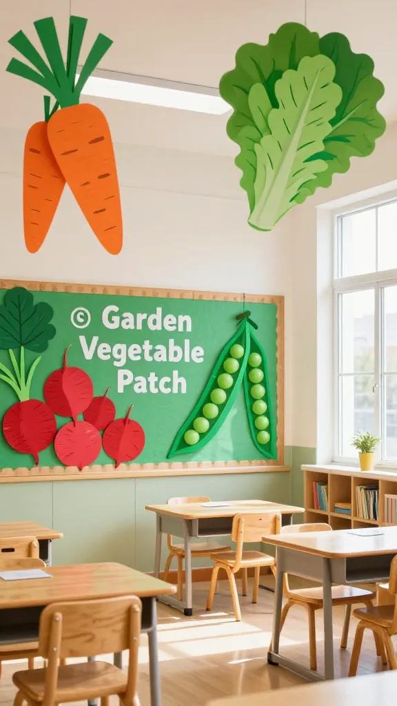 A vibrant, high-quality photograph of a brightly lit elementary classroom decorated with a "Garden Vegetable Patch" theme. Oversized, handcrafted paper cutouts of fresh spring vegetables—including vivid orange carrots, round red radishes, plump green peas in a pod, and ruffled lettuce leaves—are prominently displayed on a bulletin board and softly hanging from the ceiling. The room features small, light-colored wooden student desks and chairs, bathed in abundant natural light streaming through large windows. The overall ambiance is fresh, wholesome, and educational, with a down-to-earth feel. No text.