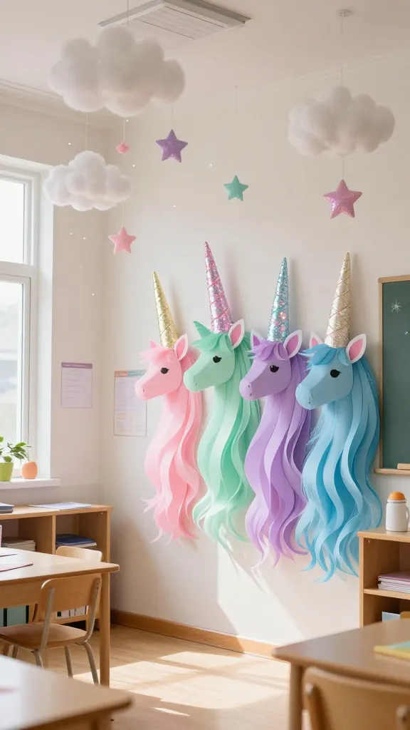 A vibrant and inviting elementary classroom, bathed in soft, natural daylight, transformed into a whimsical 'Pastel Dreamland & Unicorn Magic' theme. The room showcases a colorful array of spring classroom crafts, with a prominent wall featuring an enchanting display of handcrafted paper unicorn horns. These horns are adorned with iridescent glitter and flowing pastel paper 'manes' in soft pinks, gentle lavenders, serene mint greens, and delicate baby blues. Overhead, delicate mobiles crafted with fluffy white clouds and sparkling pastel stars hang gracefully from the ceiling, catching the light. The overall atmosphere is calming, magical, and inspiring, with subtle hints of spring in the decor. High-quality, realistic photo, no text.