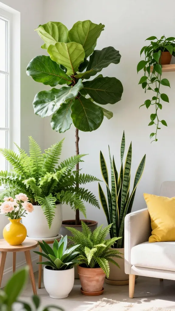 A vibrant, sun-drenched living room corner designed with a "Botanical Brights" spring theme, evoking a greenhouse dream. Crisp white walls provide a clean, bright backdrop for an abundant collection of varied houseplants. A majestic, large Fiddle Leaf fig tree dominates one area, complemented by lush Boston ferns, elegant snake plants, and cascading Pothos in a mix of white ceramic and natural terracotta planters. Accents of sunny yellow are subtly incorporated through a decorative ceramic pot and a soft throw cushion on a minimalist light-toned armchair. Delicate blush pink is present in a small vase of fresh spring blooms on a side table. Natural light streams in, highlighting the rich greens and creating an invigorating, fresh atmosphere. Realistic, high-quality professional interior photograph, natural daylight, no text on image.