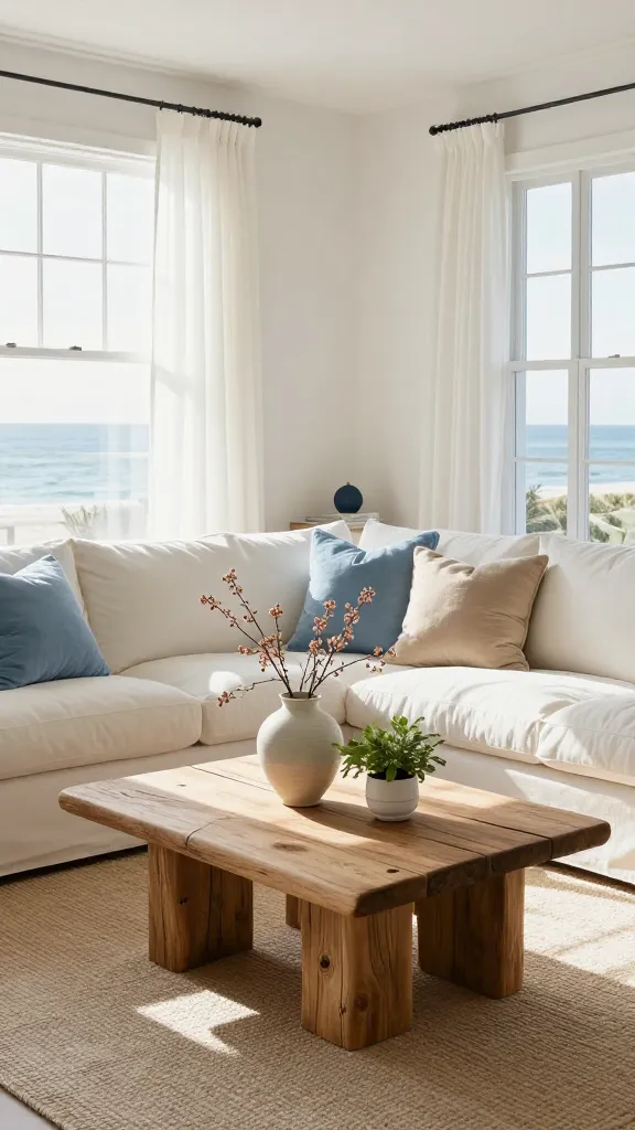 High-quality realistic photo of a serene and sophisticated living room embodying understated coastal calm with a fresh spring reset feel. The room is bathed in soft, natural sun-drenched light streaming through large windows, with sheer white curtains gently swaying. A comfortable, oversized slipcovered sofa in warm white or a very light sky blue dominates the space, adorned with textured throw pillows in soft sky blues and sandy beiges. A weathered, driftwood-inspired wood coffee table sits centrally, topped with a simple, elegant vase holding a few delicate, muted coral-toned decorative branches or a small, fresh green plant in a white ceramic pot. Walls are painted in a warm white, complemented by a natural fiber rug in a sandy beige hue. Subtle accents of deep navy appear in a small decorative object on a side table or a neatly stacked book. The overall aesthetic is airy, uncluttered, and evokes gentle sea breezes, focusing on natural materials and a tranquil atmosphere for a spring refresh. No text.