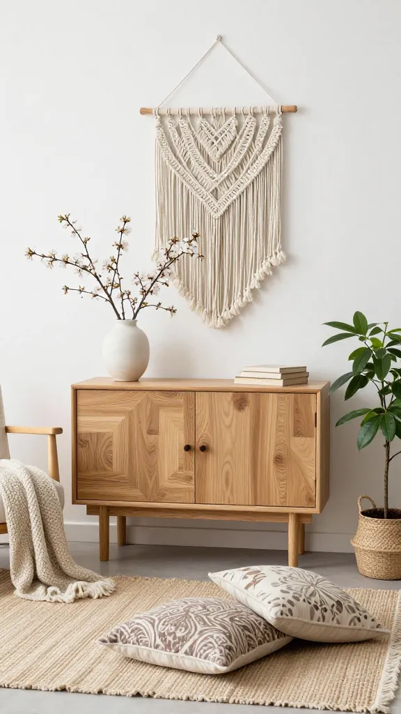 A high-quality, realistic photo capturing a serene Scandi-Boho living space, bathed in soft, natural light. Creamy white walls provide an airy backdrop for a sleek, blonde oak sideboard. On the sideboard, a minimalist ceramic vase holds delicate, fresh cherry blossom branches, alongside a small stack of neutral-toned books. Above the sideboard, an intricate, large macrame wall hanging adds textural richness. In the foreground, a natural fiber rug grounds the space, topped with a couple of patterned floor cushions in muted earthy tones. A cozy, light-colored armchair is draped with a chunky knit throw. A healthy potted plant in a simple woven planter sits nearby, completing the fresh, effortlessly cool, and cozy spring interior. No text.