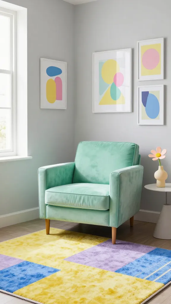 A high-quality, realistic photo of a modern living room corner designed in a vibrant 'Pastel Pop Art' style, showcasing playful indoor spring decor. A luxurious, plush velvet mint green armchair is positioned as the central focal point. The wall behind it is painted a soft misty gray, providing a subtle base. A large, contemporary rug beneath the armchair features bold, graphic geometric patterns in energetic shades of lemon yellow, lavender, and sky blue, with crisp, clean lines. On the wall, a set of framed abstract pop art prints, utilizing the same vibrant pastel palette and unexpected shapes, adds a playful punch. A sleek, minimalist side table next to the armchair holds a uniquely shaped vase with a single, stylized spring bloom in a bold pastel color. Natural light streams in from a nearby window, illuminating the fresh, dynamic space. No text on image.
